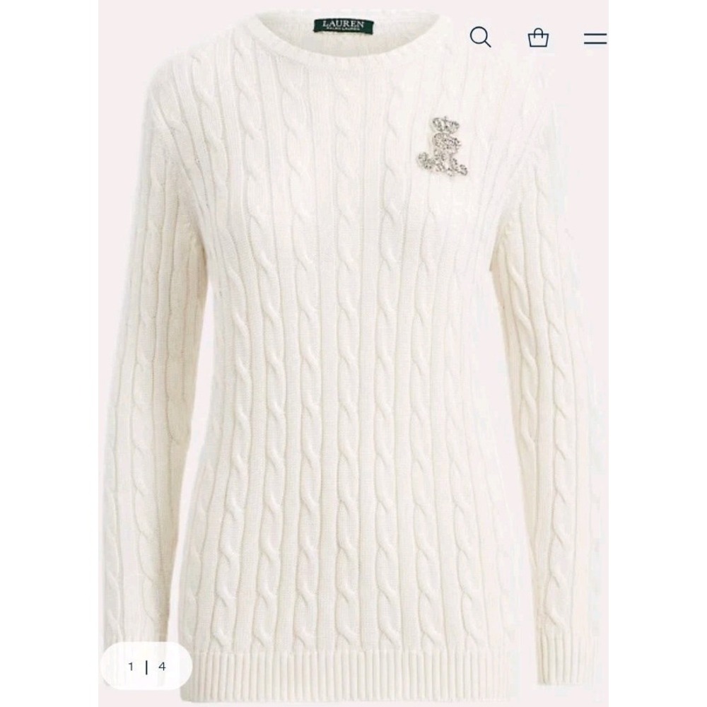 LRL Ralph Lauren Cableknit Sweater Women's Medium Petite Rhinestone Crest Crew‎